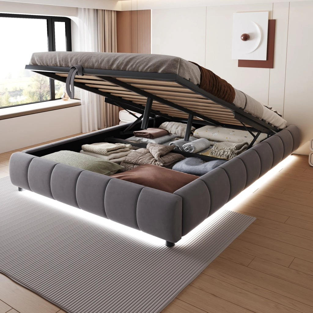OKWISH Letto Contenitore 140×200 cm, Letto Matrimoniale con LED Bianca, Sollevamento Idraulico e Vano Contenitore, senza Materasso, Grigio
