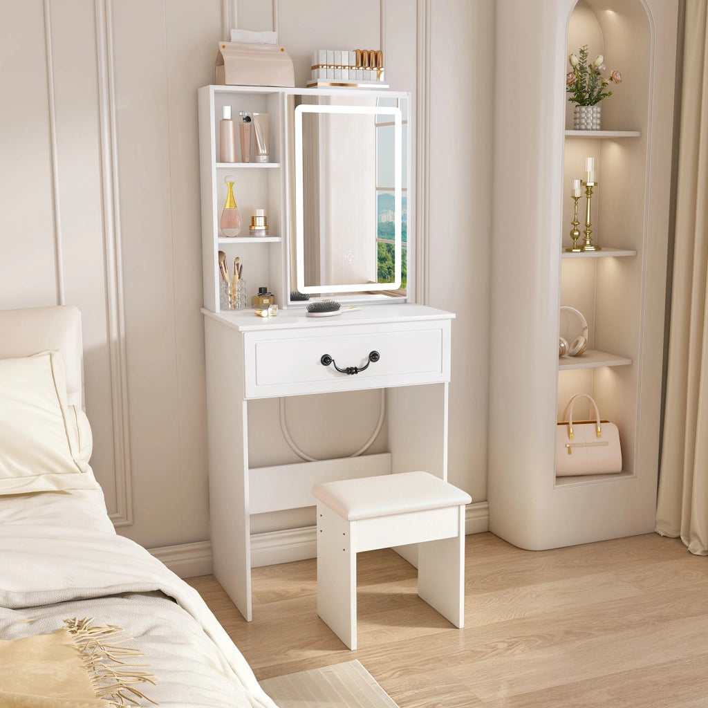 Tavolo da toeletta minimalista con specchio LED dimmerabile; spazio nascosto; sgabello imbottito; Bianco; B60×H131;5×P36cm