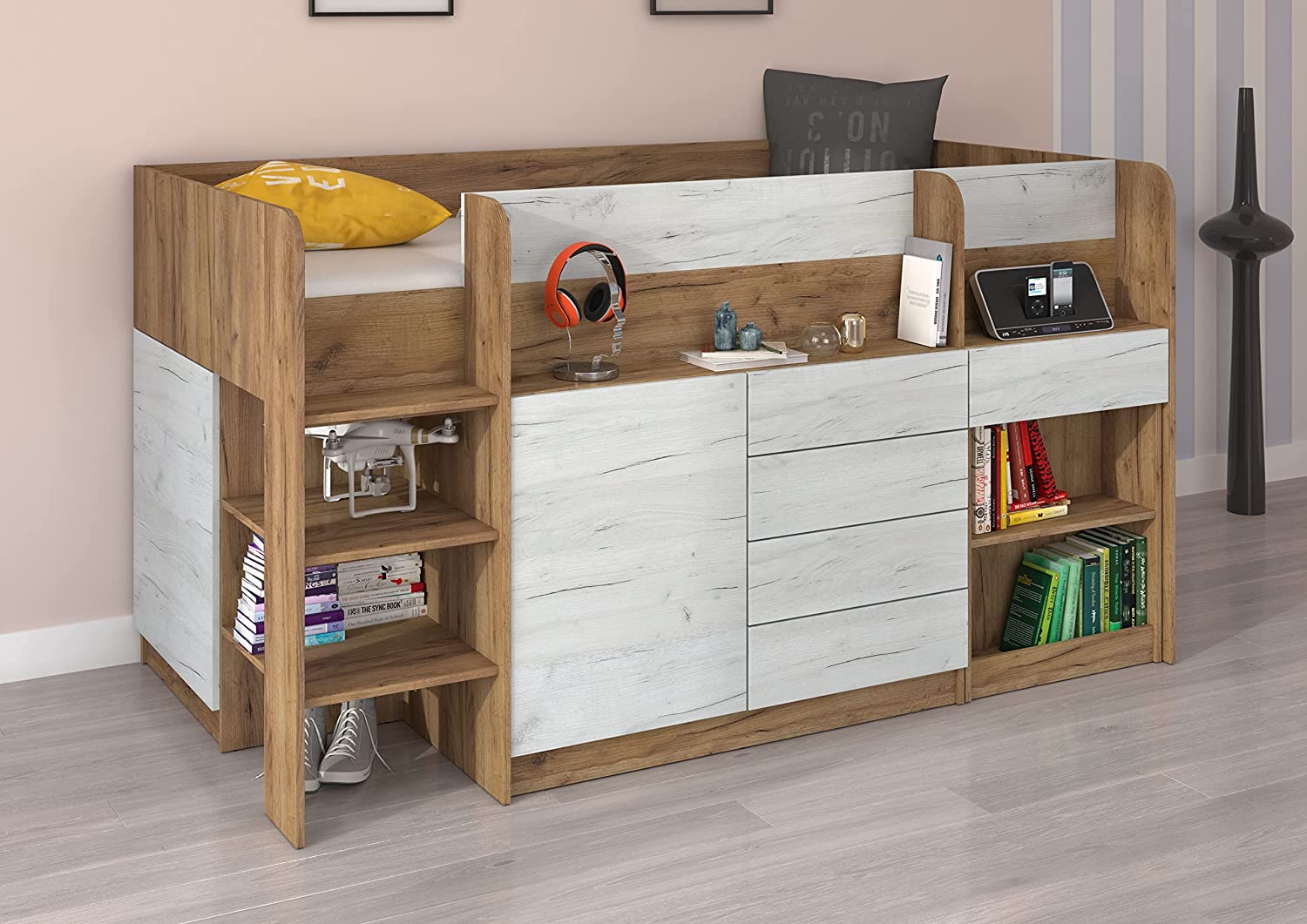 LETTO CASS. SCRITT. SMILE P 204x 112x112cm LATO SINISTRO ROVERE BIANCO GREZZO