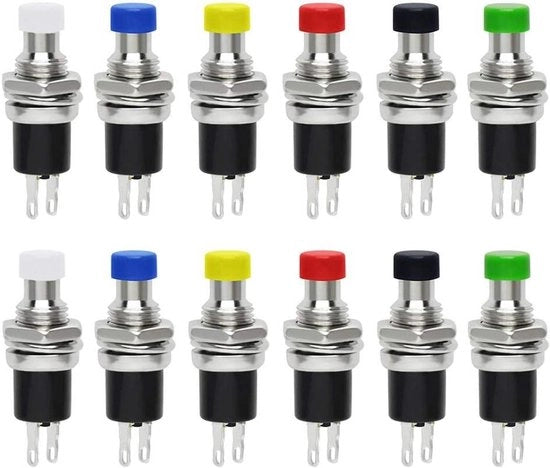 Set di 12 mini-interruttori a pulsante, momentaneo, normale apertura, 2-polo, interruttore a micro-schermo SPST (6 colori)