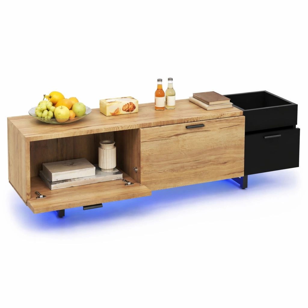 Mobile TV moderno in legno naturale e nero con ripiani aperti e cassetti, 180 cm