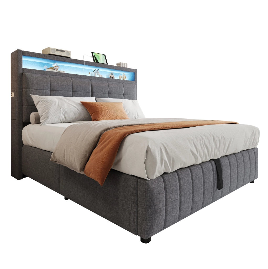 Letto imbottito 160x200 cm con LED; USB e contenitore in tessuto di lino grigio