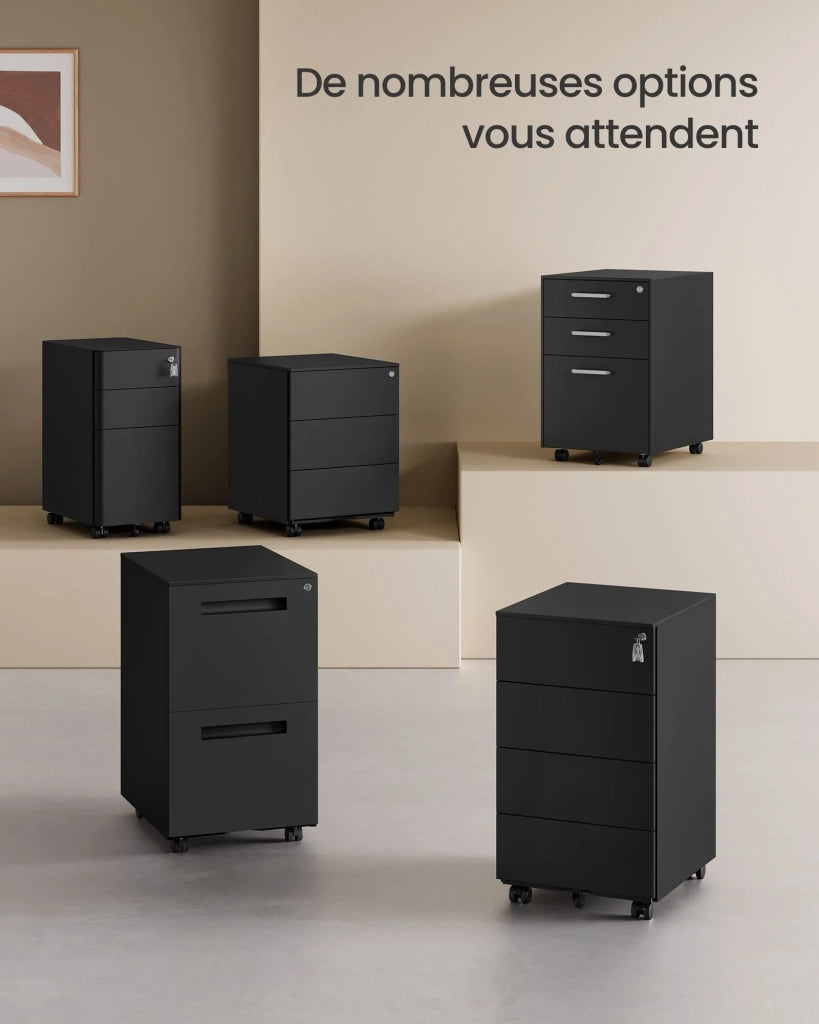 Mobiletto portaoggetti con serratura 3 cassetti per documenti e cancelleria preassemblato per l'ufficio domestico 39 x 45 x 55 cm nero opaco 12_0004821