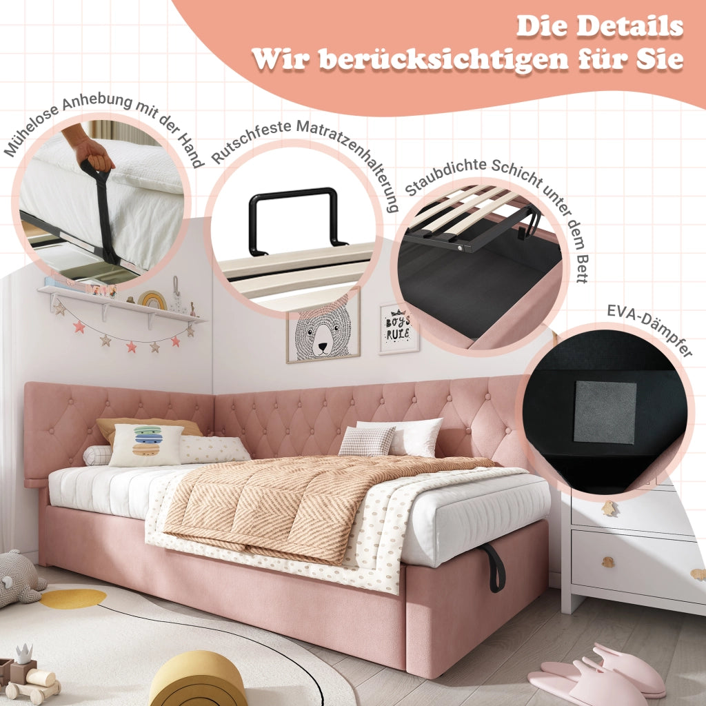 LETTO con contenitore 90x200 cm in velluto rosa