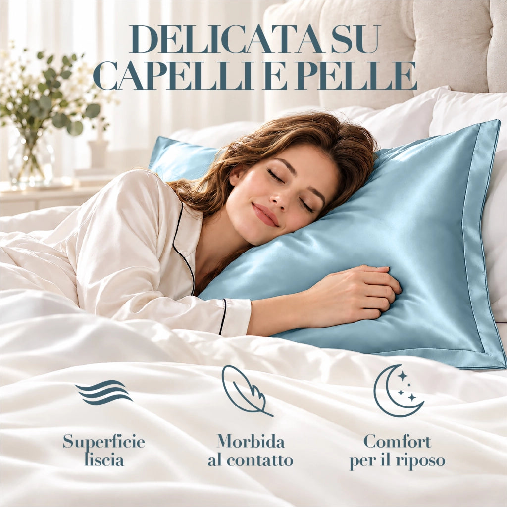 Federa 100% Seta Di Gelso 50x80Cm Con Volant da 5 Cm Retro In Tencel Di Eucalipto Anticrespo Anti-Age Rigenerante Cromoterapia Certificate OekoTex Chiusura Zip Azzurro