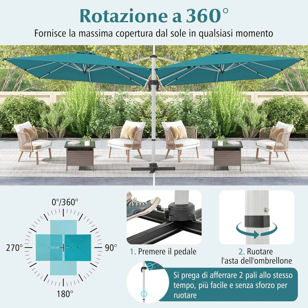 Ombrellone da Giardino 300 cm, Ombrellone Quadrato da Esterno con Rotazione a 360°, Inclinazione Regolabile, Base a Croce, 8 Stecche (Blu)