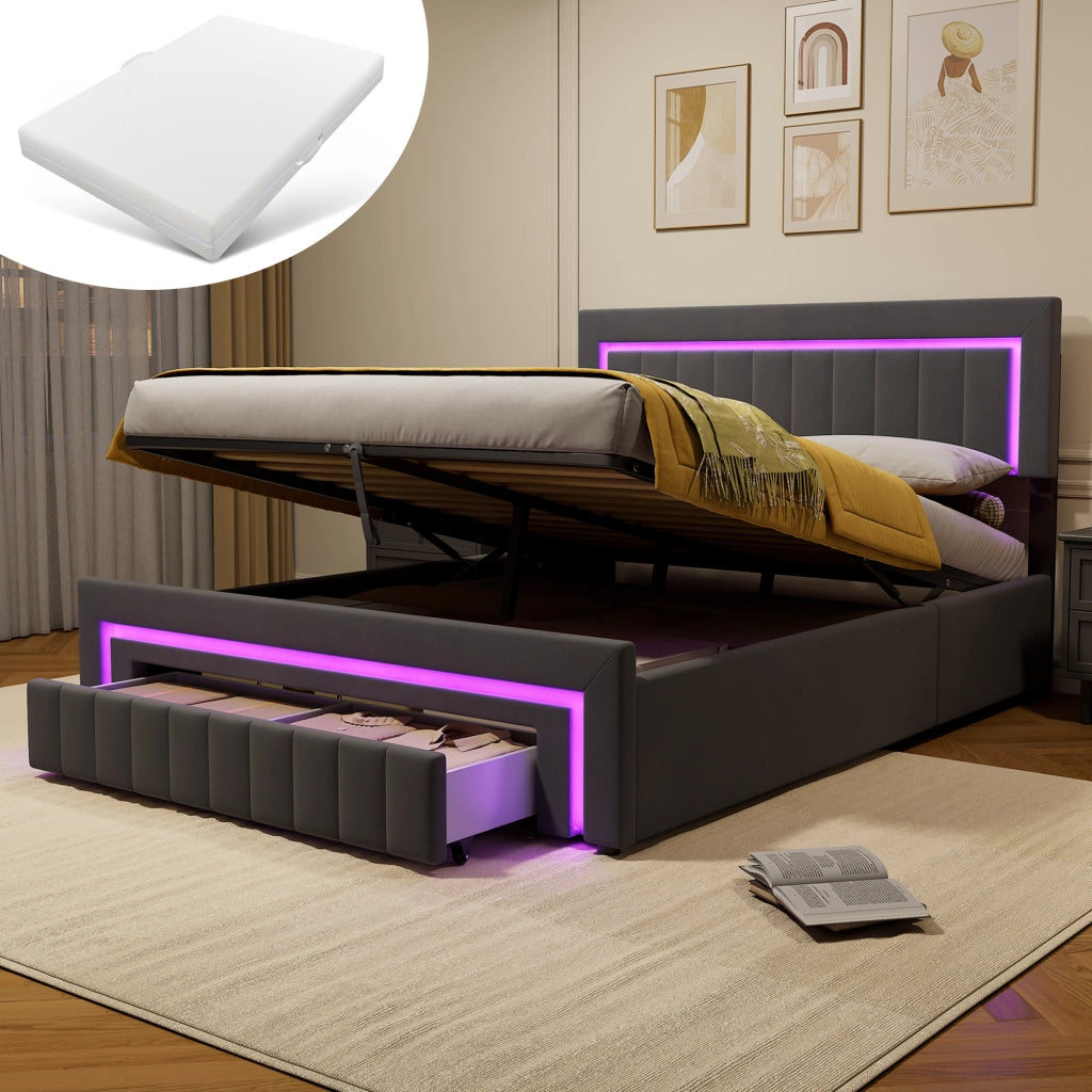 Letto matrimoniale imbottito 160x200 cm grigio scuro in velluto con LED e cassetti