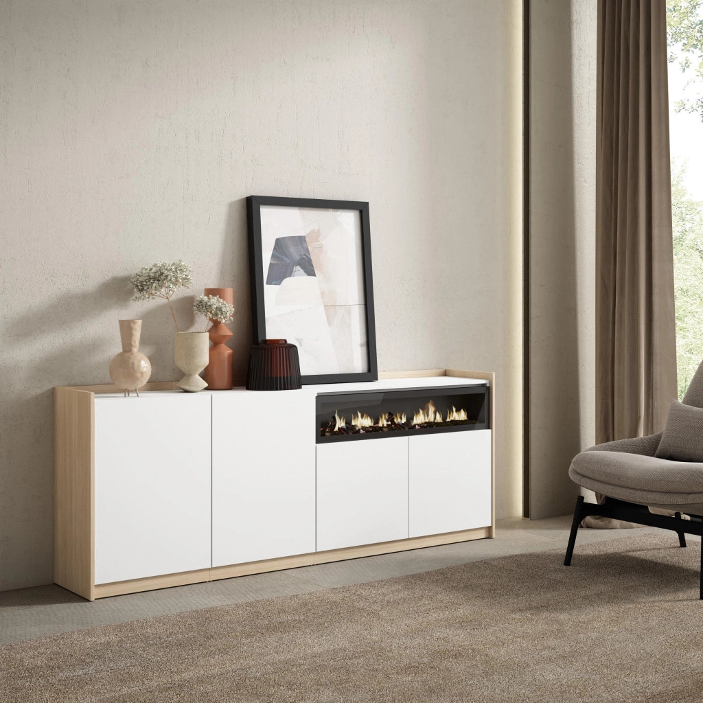 Credenza, Mobile, Cucina, 207x80x37 cm, 4 Porte, Camino elettrico, Bianco e Rovere soft