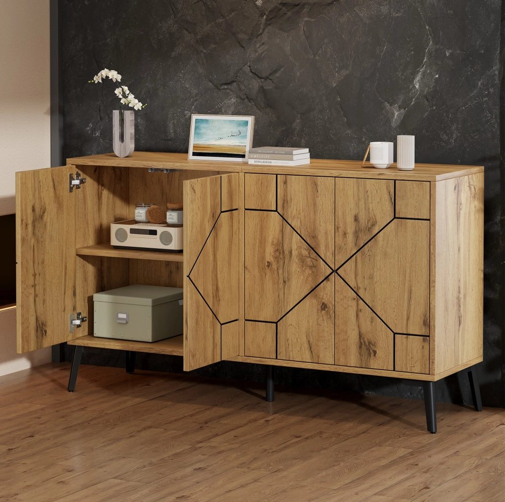 Sideboard moderno in MDF effetto rovere con 4 ante, 120×35×69 cm