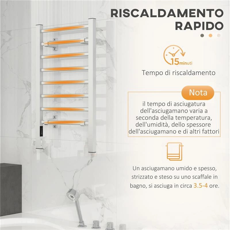 SCALDASALVIETTE ELETTRICO DA TERRA O PARETE 150W CON 8 BARRE E TIMER 2-4 ORE, 53X35X90 CM, ARGENTO