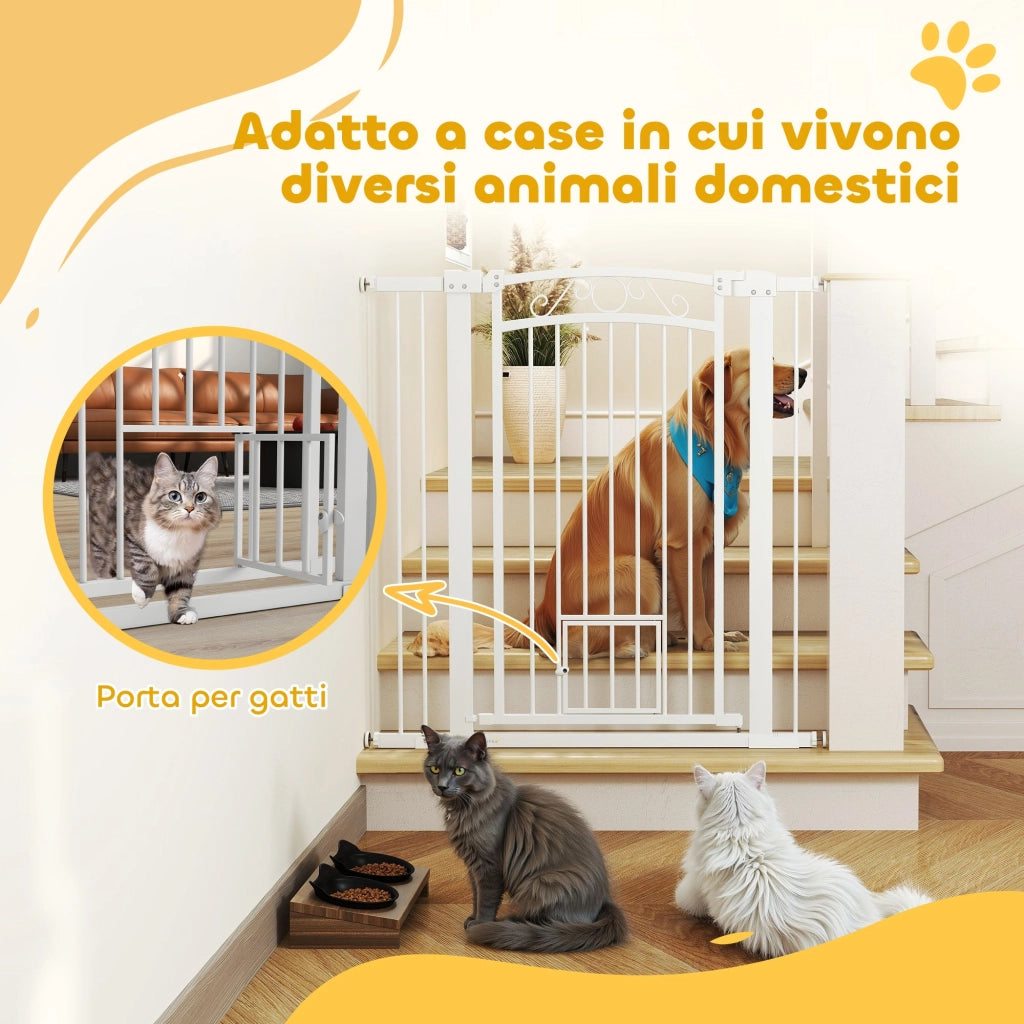 Cancelletto di Sicurezza con Estensioni 76-104 cm e Porta per Gatti Bianco