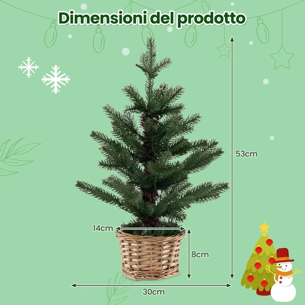 Mini Albero di Natale Artificiale Pre-illuminato, Albero di Natale Piccolo da Tavolo con 96 Rametti, 20 Luci LED Bianche Calde, Timer, Vaso in Legno di Salice