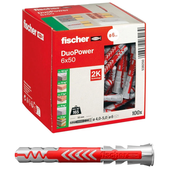 Fischer, 100 Tasselli Duopower 6x50 mm, Universali per Muro e Forati