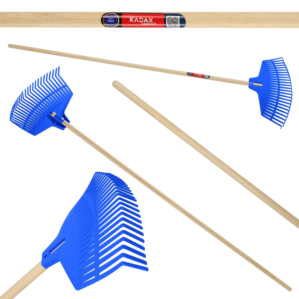 Rastrello per foglie KADAX con manico in legno, 166 cm, universale, per giardino e prato.
