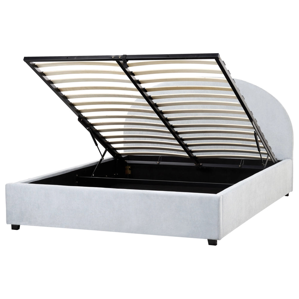 Letto contenitore matrimoniale imbottito tessuto di ciniglia azzurro retrò minimalista 160 x 200