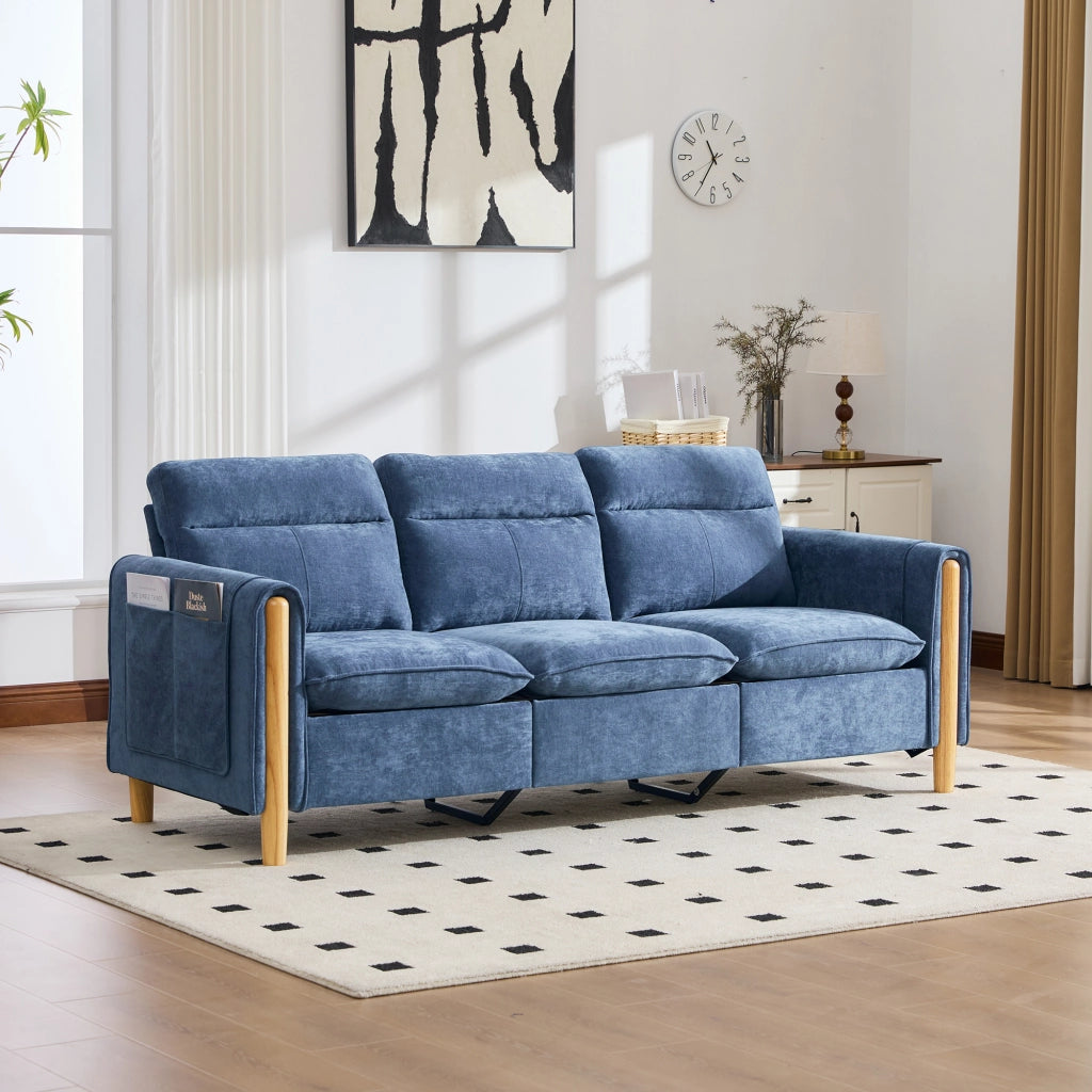 Divano angolare reversibile in chenille con pouf contenitore e tasche laterali in legno massello blu