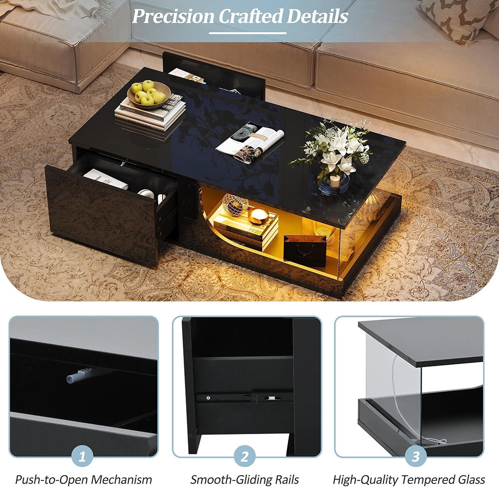 Tavolino design - Xylo - 100x50cm vetro temperato nero LED