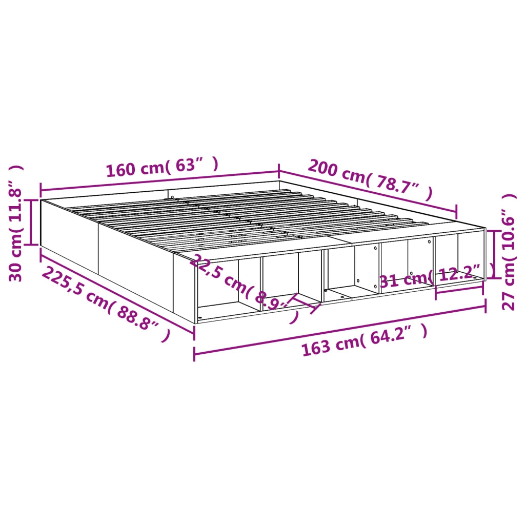 Letto matrimoniale | Letto per adulti | Giroletto Grigio Cemento 160x200 cm in Legno Multistrato