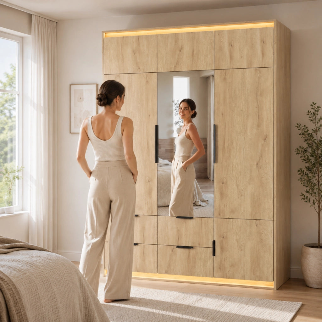 Armadio con specchio e LED, 3 ante, 4 cassetti e 8 vani, per camera da letto, in MDF rovere, 135 × 47 × 200 cm