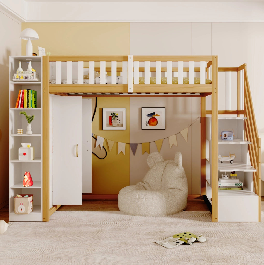 Letto a soppalco 90x200 cm con armadio; scaffali e scala con vani; bianco e legno naturale