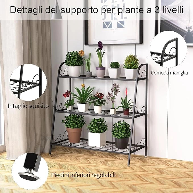 Scaffale Piante da Interno ed Esterno, Porta Fiori di Metallo a 3 Livelli con Piedini Regolabili, Porta Vasi per Giardino, Balcone e Soggiorno, 81 x 35 x 82 cm