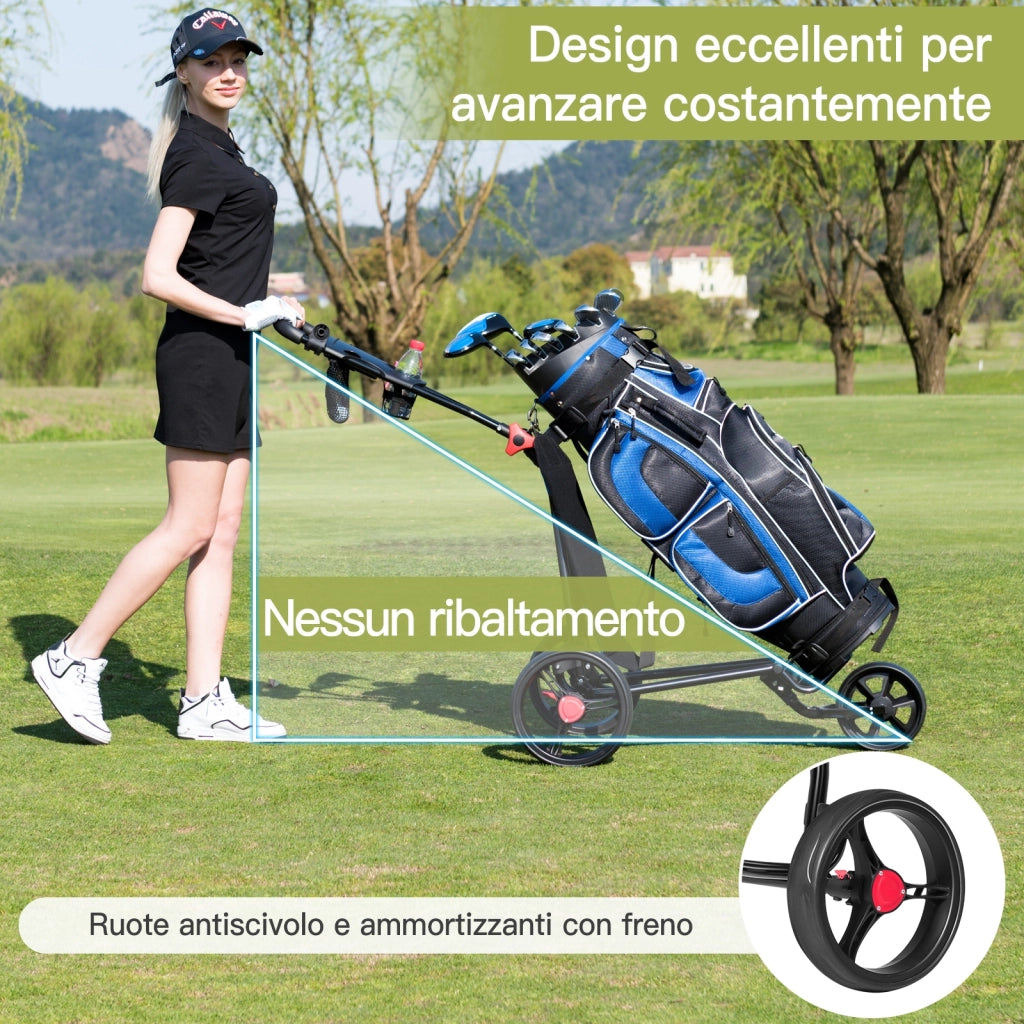 Carrello da golf in ferro pieghevole con maniglia regolabile, Carrello da golf con 3 ruote e freno a pedale Nero-Golf