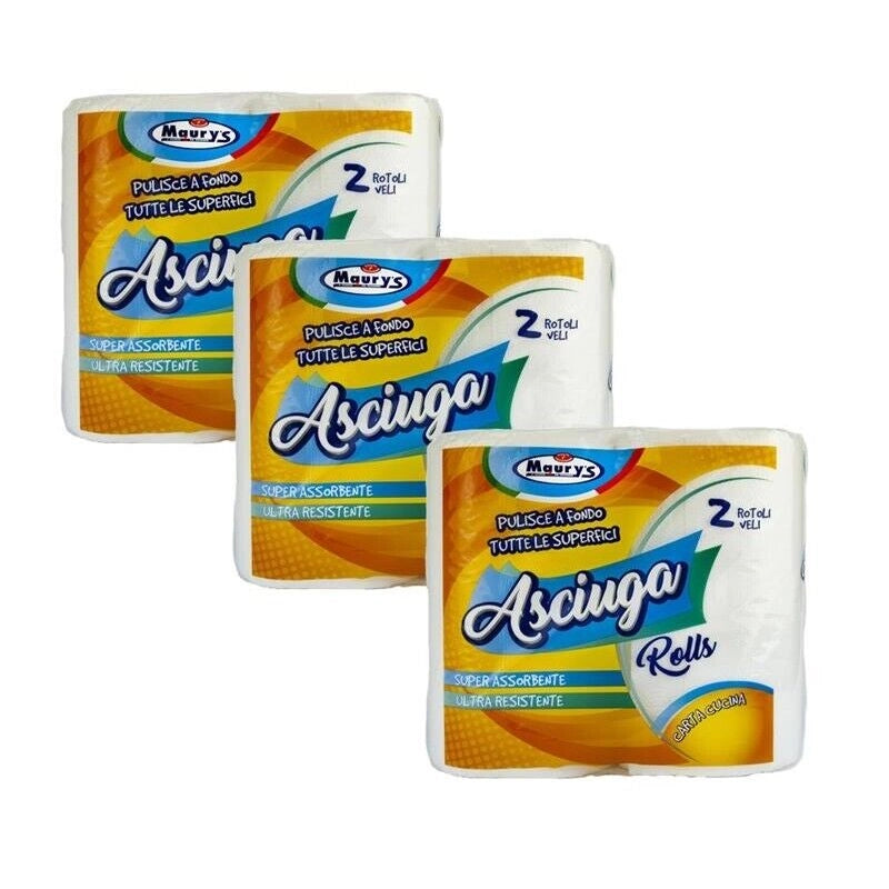 KIT SET 3 PZ MAURY'S CARTA ASCIUGATUTTO CUCINA 2 ROTOLI 2 VELI ASCIUGAROLLS 380G