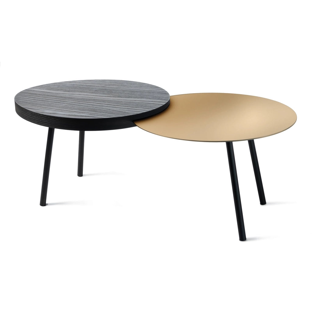 Tavolino da soggiorno moderno Packtop piccolo Oro laccato,base nera,finitura Wengè
