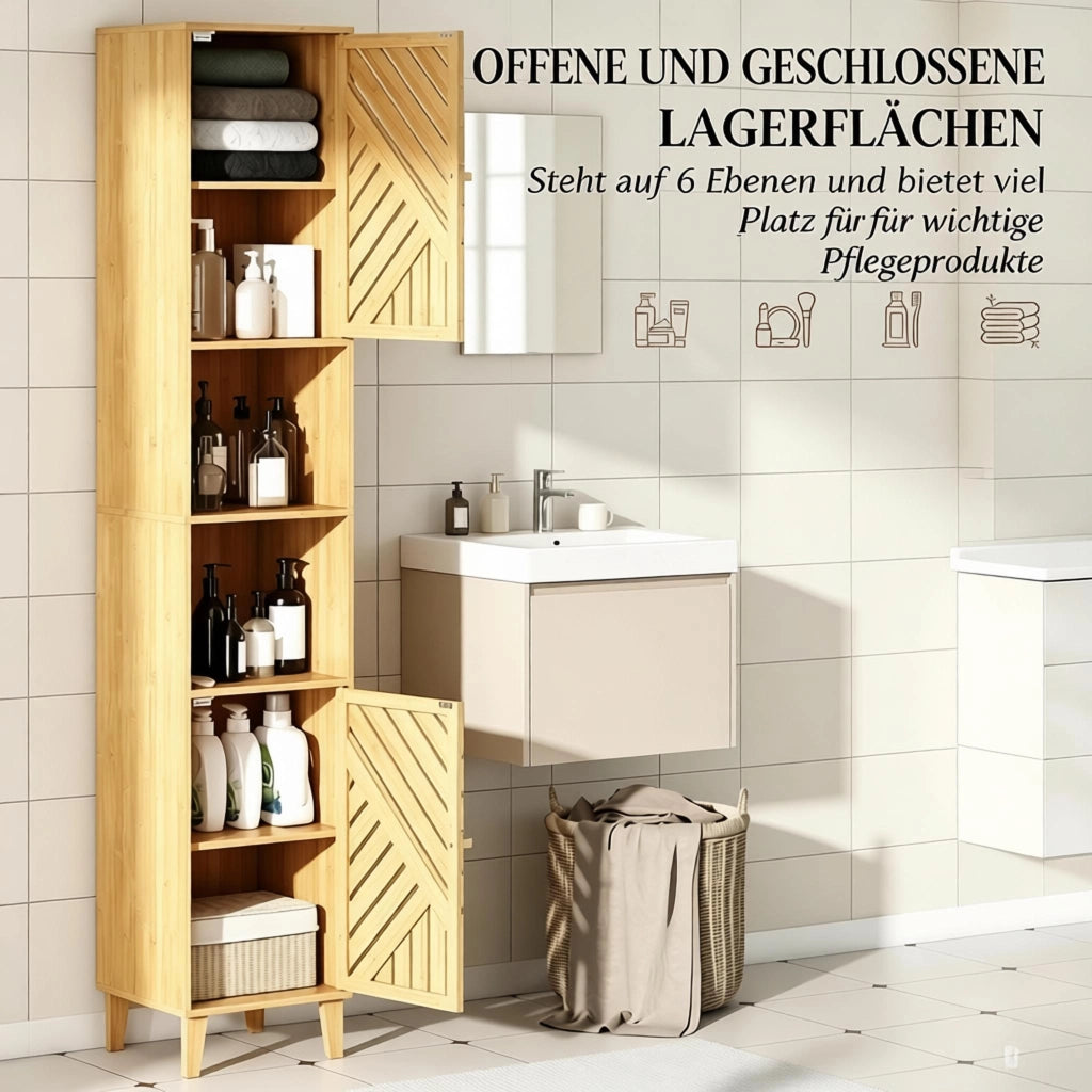 Armadietto da bagno alto con 2 vani aperti, 2 ante e ripiani regolabili, in bambù e truciolare, 32 × 30 × 170 cm
