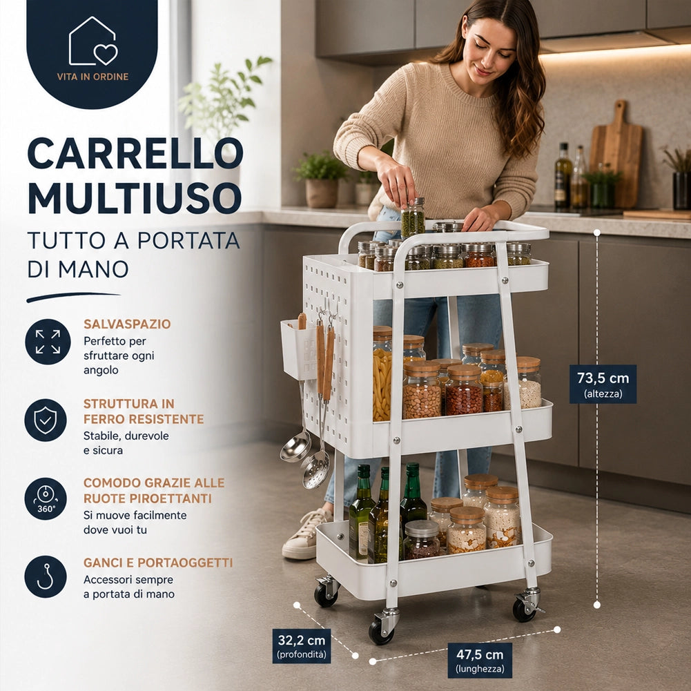 Carrello da Cucina Bianco Acciaio 3 Ripiani Carrellino Salvaspazio 47.5x32x73.5cm