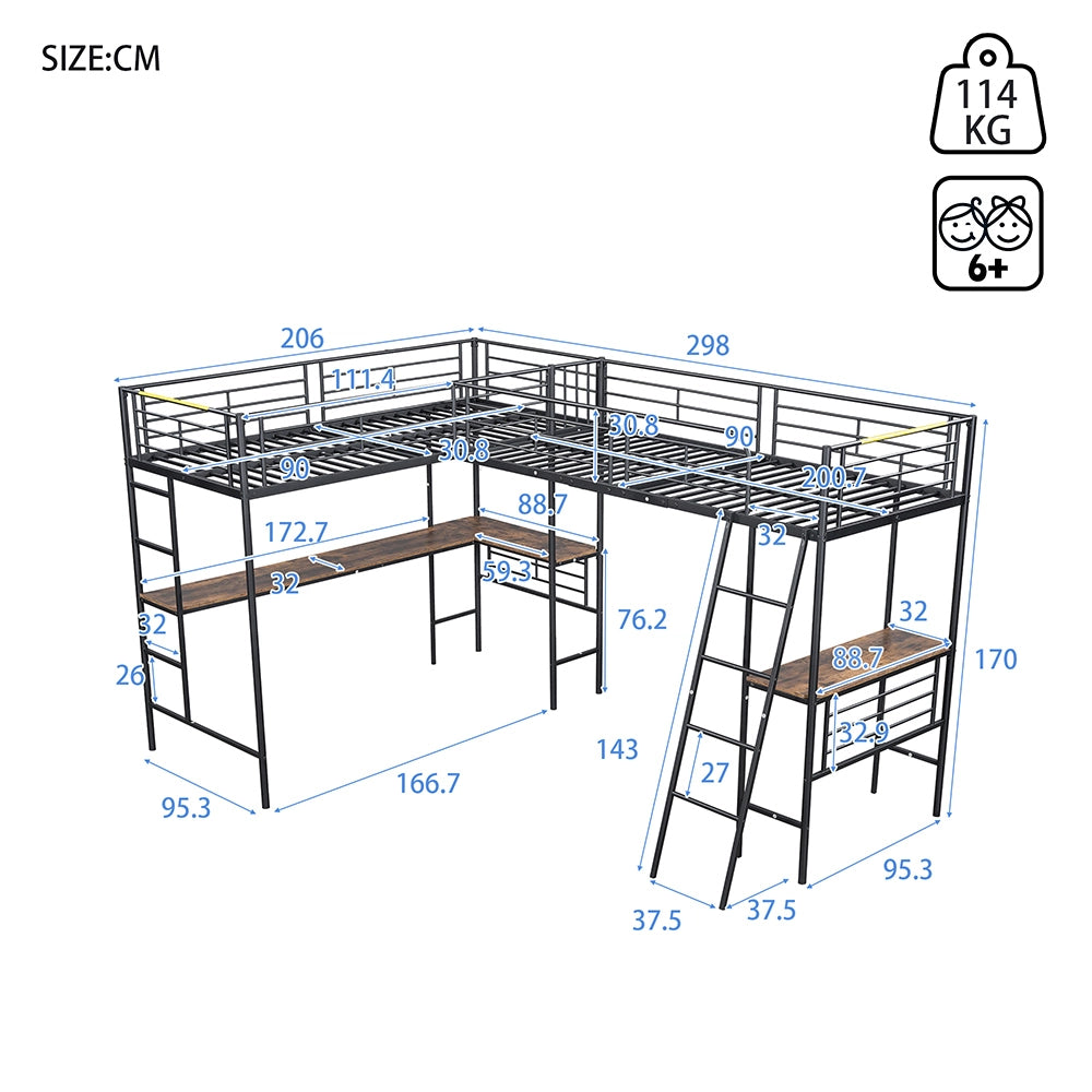 Letto a castello 90x200 cm - Xylo - Nero con tavolo e scala