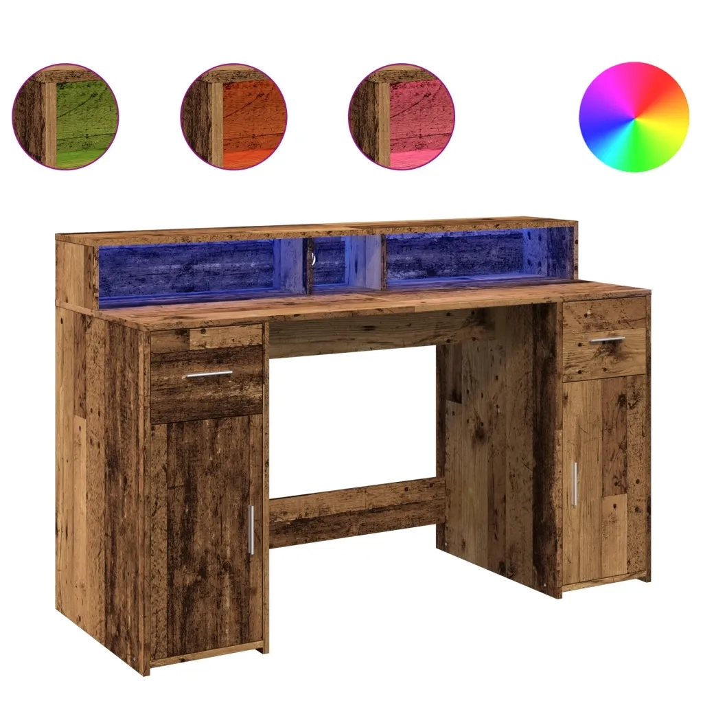 Scrivania con Luci LED Legno Antico 140x55x91 cm in Multistrato