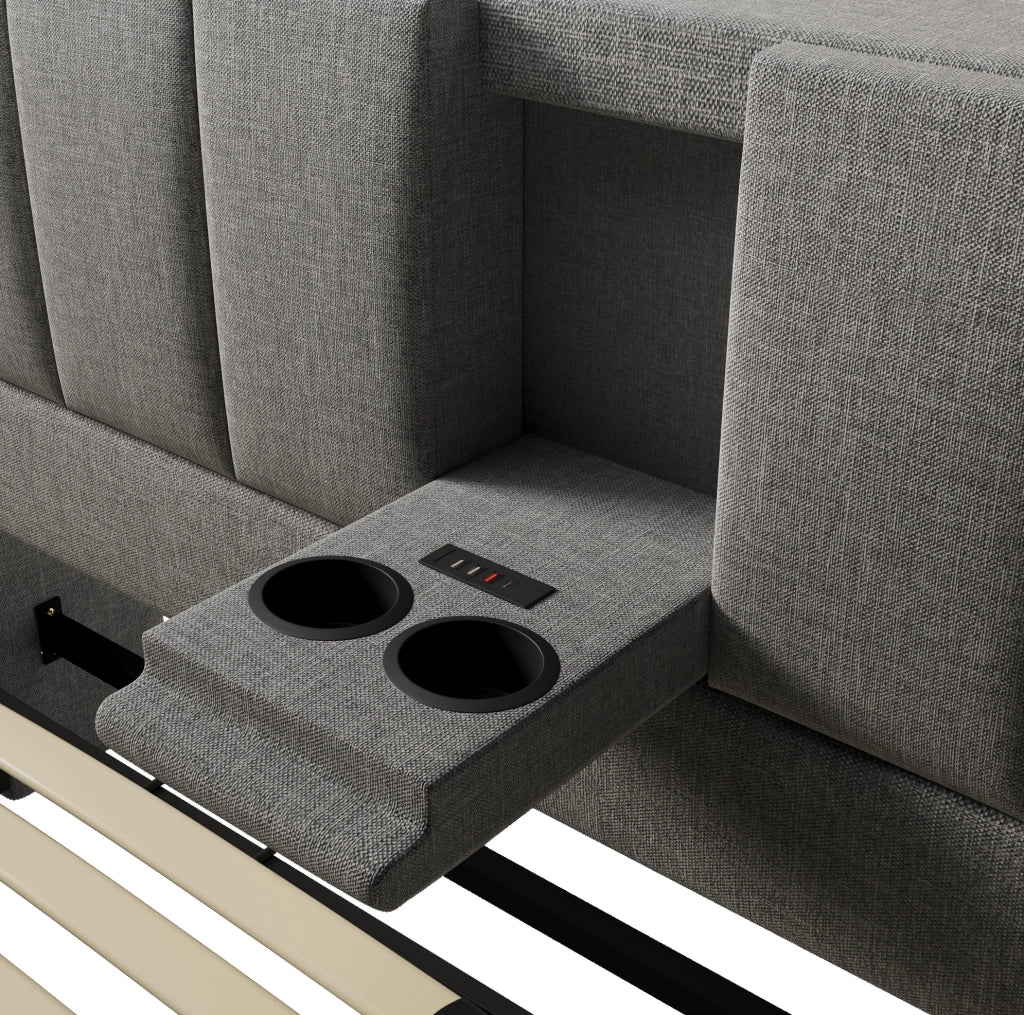 Letto imbottito 140x200 cm con contenitore, USB, portabicchieri e materasso