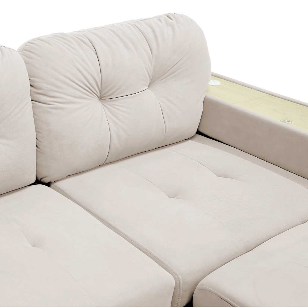 Divano angolare modulare con chaise longue estraibile USB contenitore e bracciolo con ripiano in velluto beige per soggiorno