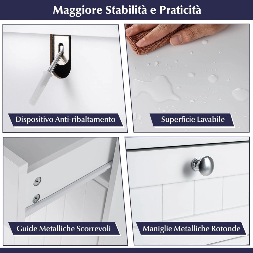 Mobiletto per Biancheria con 2 Cesti Ribaltabili, Mobile da Bagno Indipendente con Ripiano, 2 Cassetti e 2 Sacchi Porta Biancheria Rimovibili, Armadietto in Legno per Bucato (79 x 40 x 80 cm)