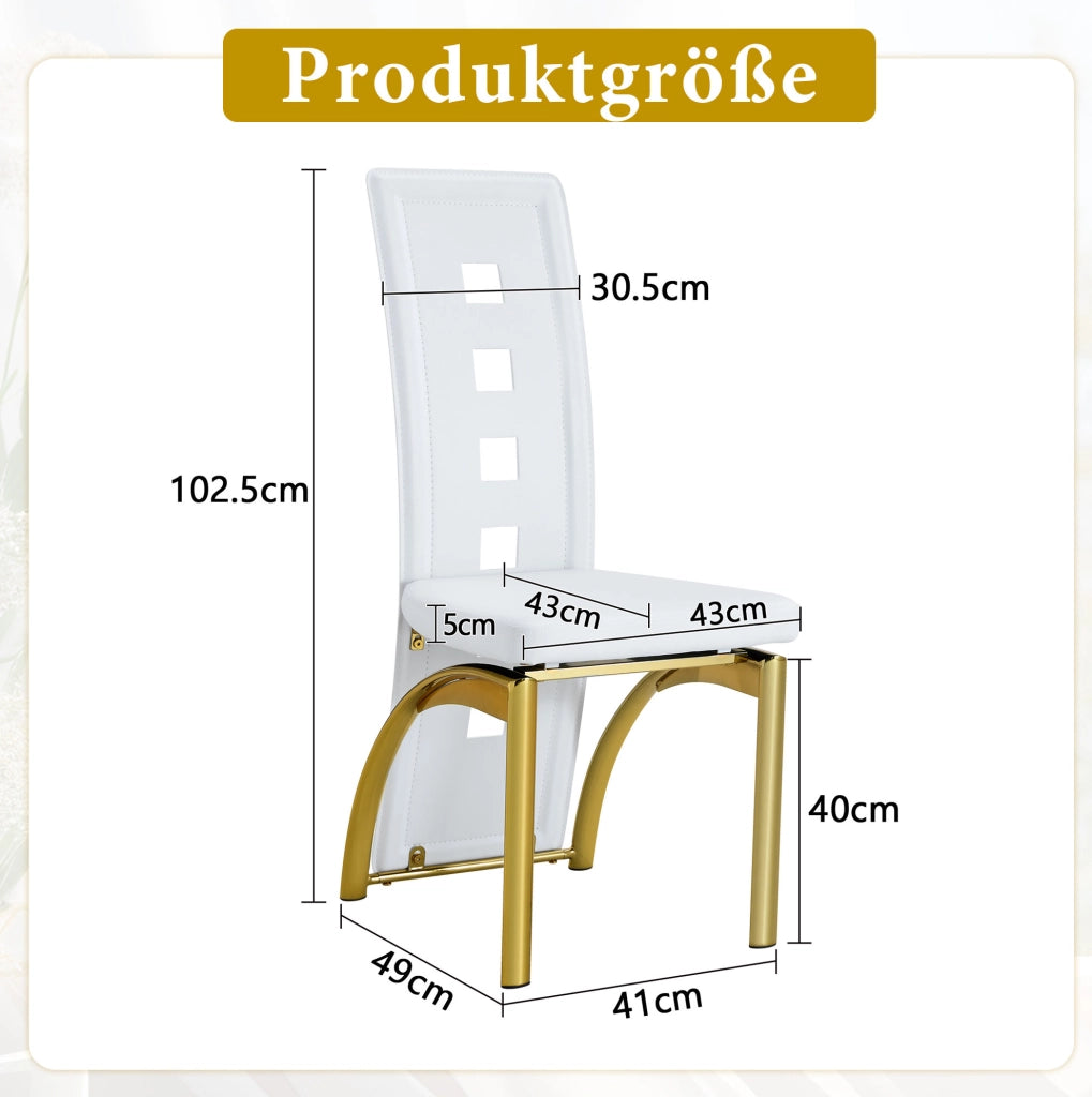 Set di 2 sedie da pranzo con schienale traforato; ecopelle PU bianca opaca e gambe dorate