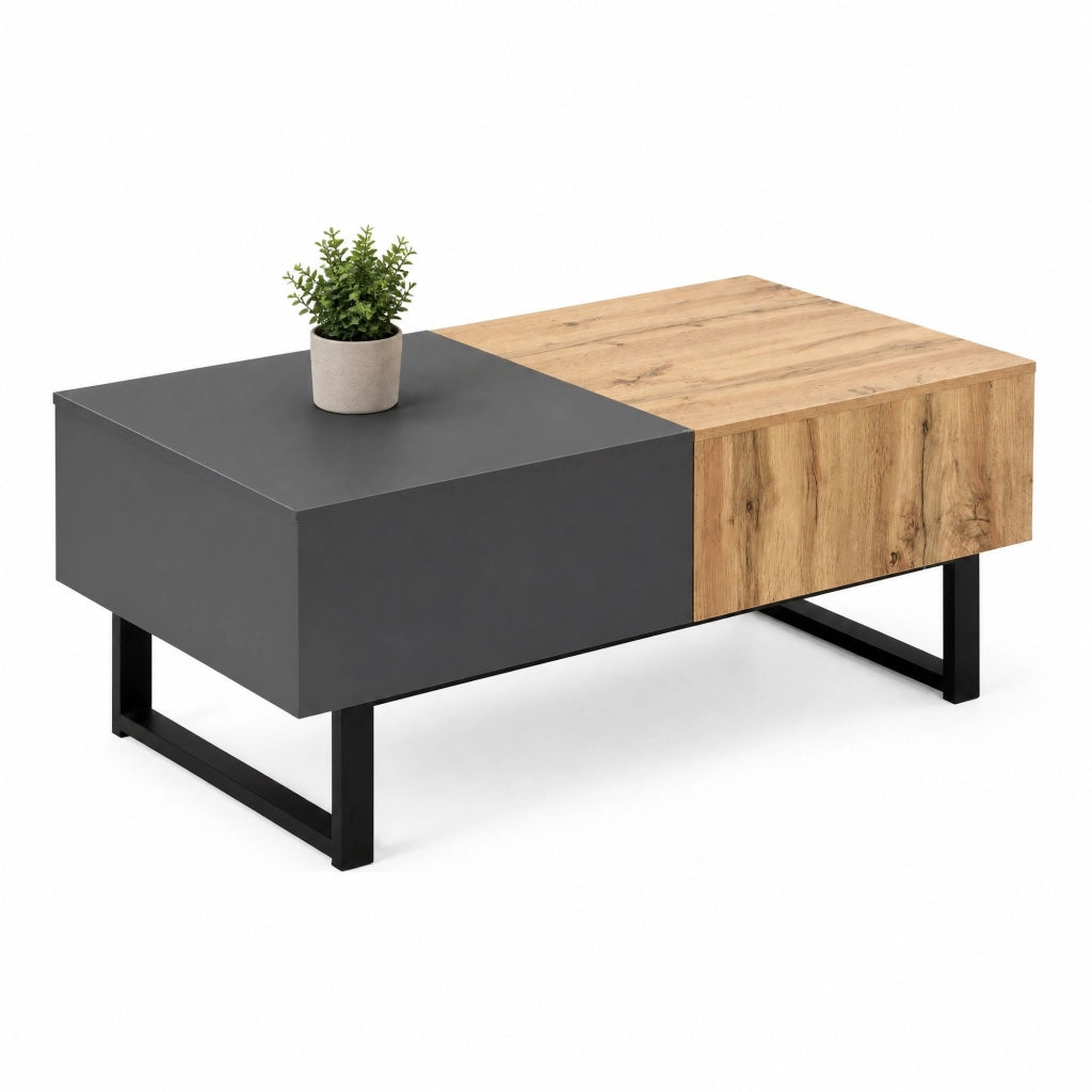 Tavolino da caffè moderno scorrevole con vani portaoggetti; 155 cm; truciolare; naturale e antracite
