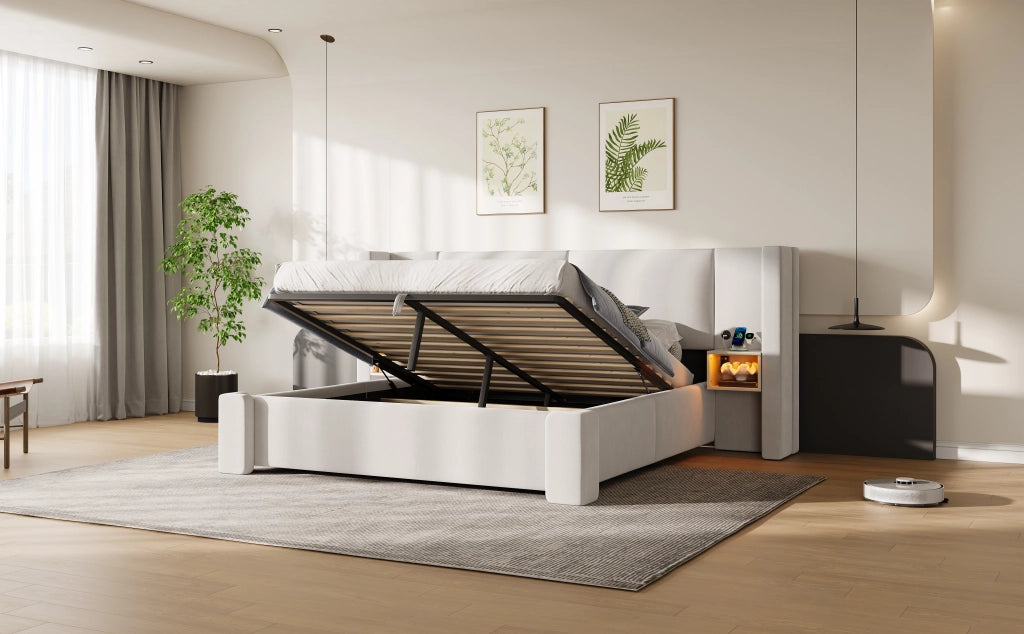 Letto imbottito 180x200 cm in lino beige con contenitore idraulico e LED