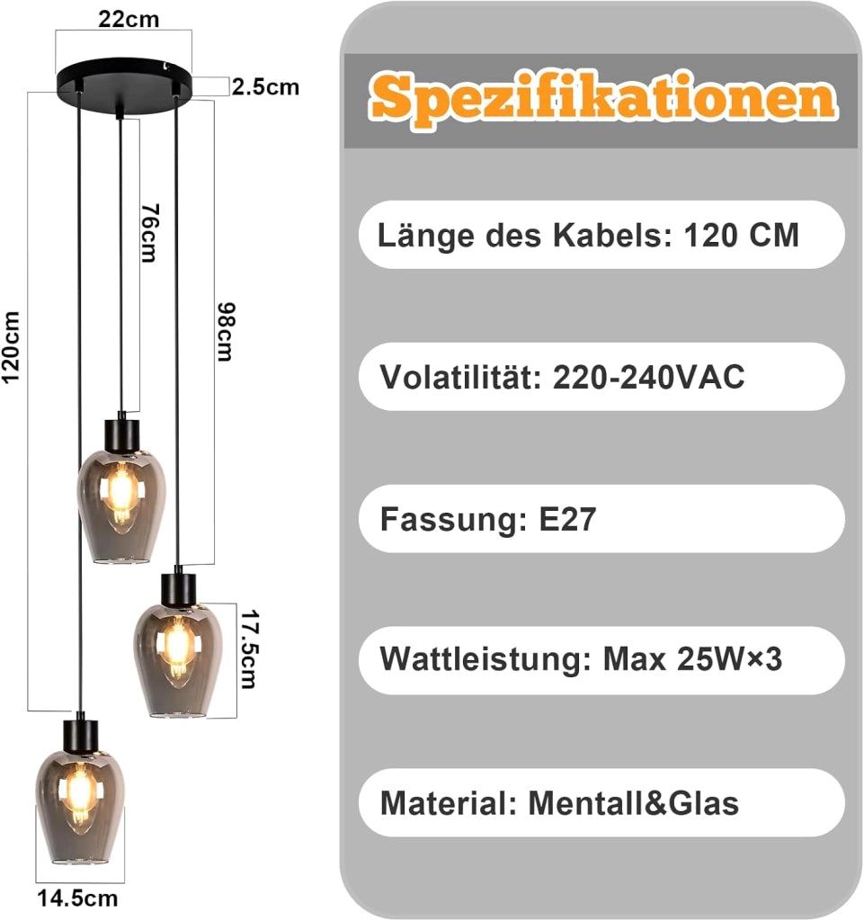 ZMH Lampada a Sospensione 3 Luci Retro Vintage Vetro Fum¨¦ E27 per Sala da Pranzo Cucina Hotel Soggiorno Senza Lampadina