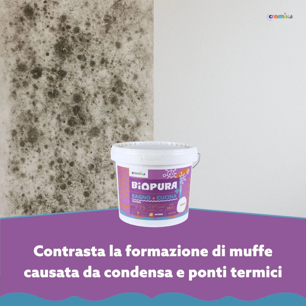 Idropittura traspirante antimuffa interni bagno cucina linea biopura cromika *** formato 10 lt, confezione 1