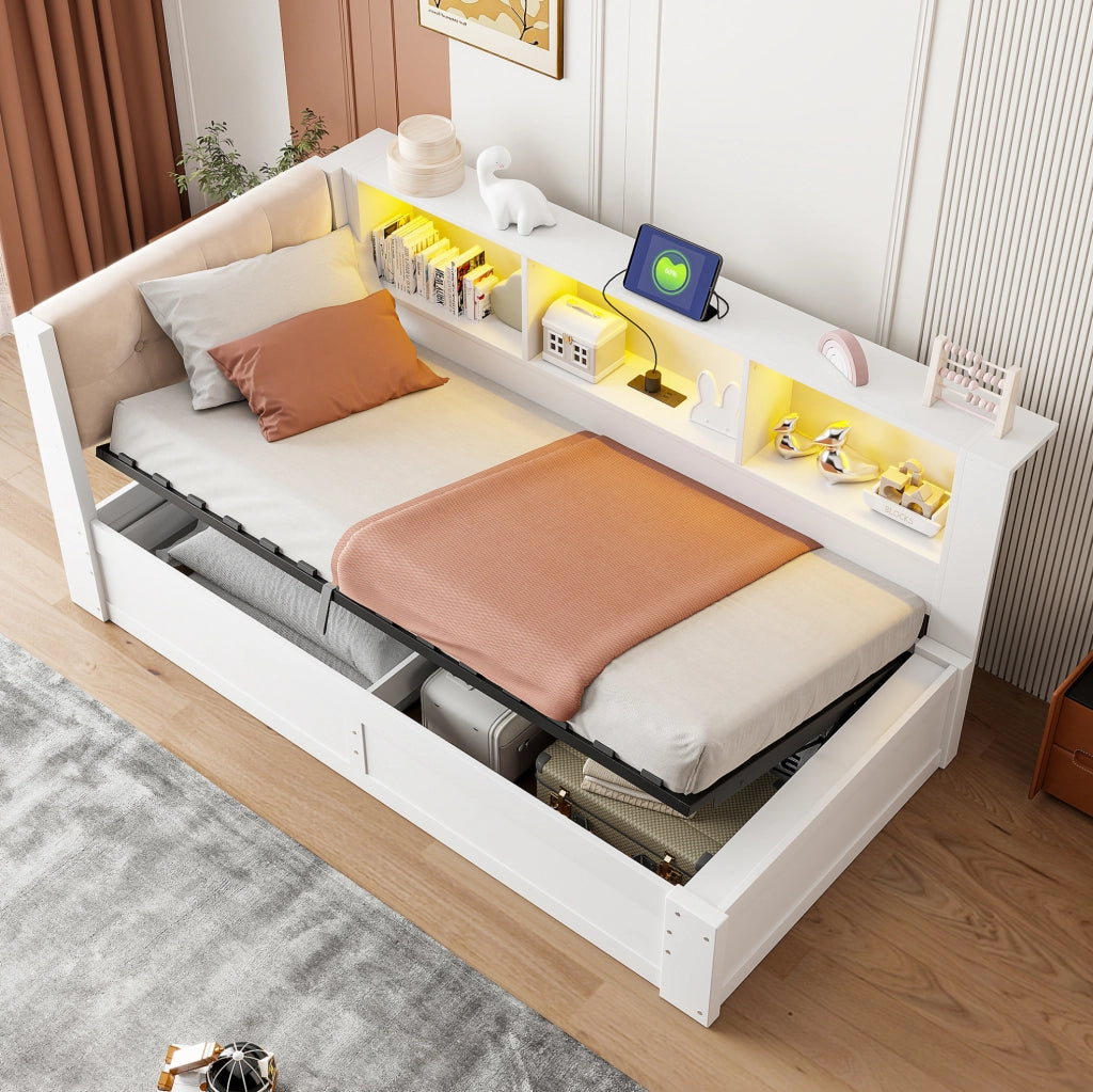 Letto contenitore 209x113.8x80.6 cm con alzata idraulica; LED e USB in legno di pino e MDF bianco