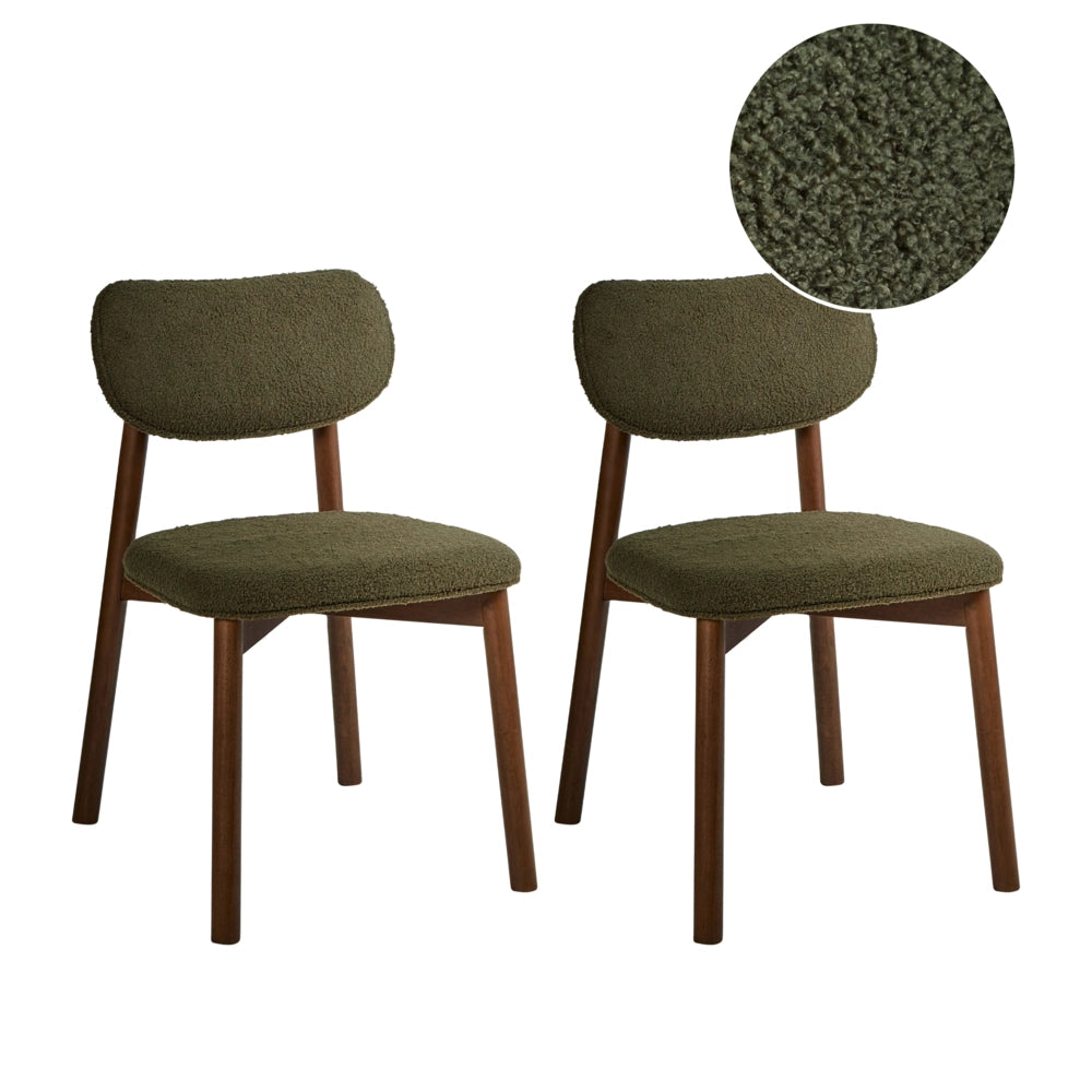Set di 2 sedie da pranzo con struttura in legno di gomma boucle marrone e verde Seduta e schienale imbottiti Sala da pranzo Cucina