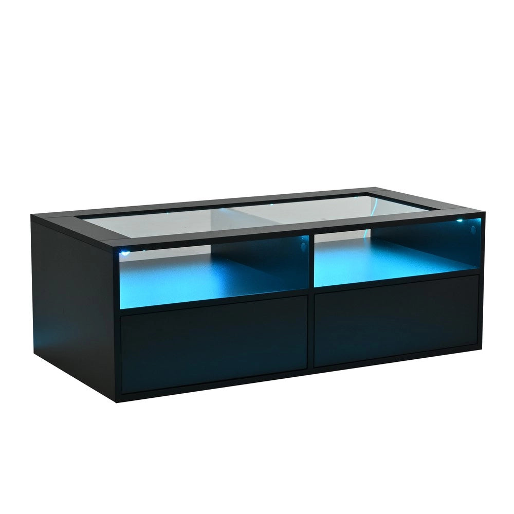 Tavolino da Caff¨¨ con LED e 2 Cassetti ¨C MINIMAL ¨C Vetro Nero, Design Moderno, 100x50x35