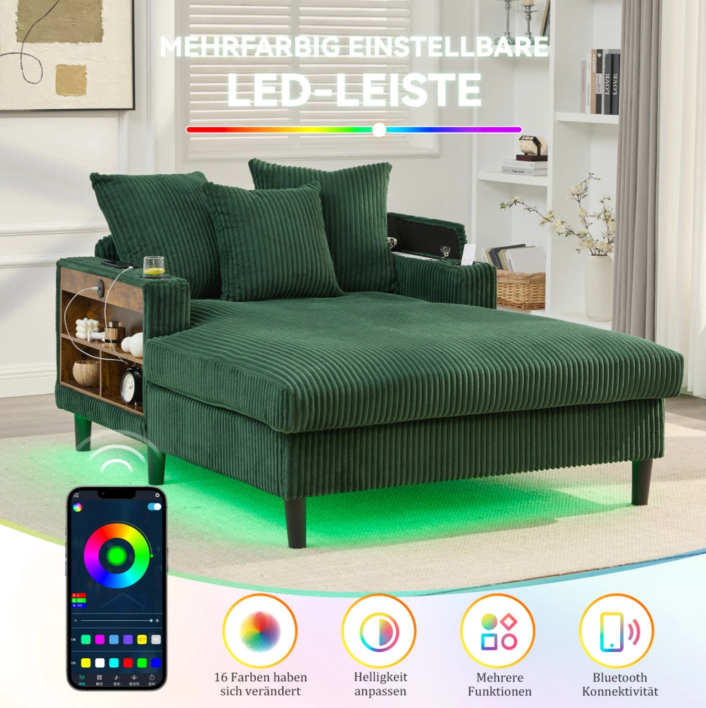 Chaise longue in velluto a coste verde smeraldo con LED e USB