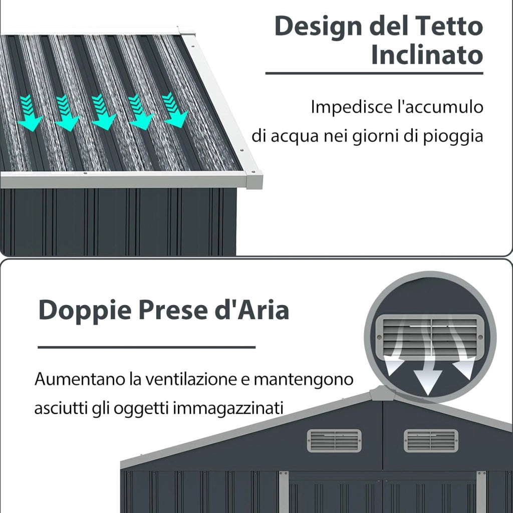 Casetta da Giardino 3,66㎡, Capanno da Esterno con Tetto Spiovente e Porte Scorrevoli, 4 Prese d'Aria e Base, in Metallo Zincato Resistente alle Intemperie, 235 x 171 x 196 cm
