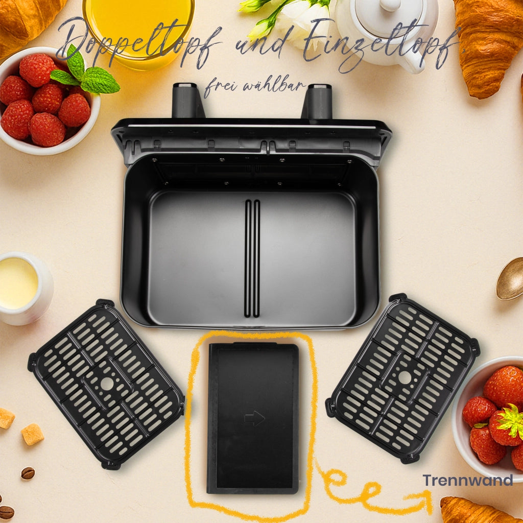 Friggitrice ad aria a doppia camera da 9 litri ¨C Potenza elevata di 2200 W, finestra di visualizzazione, display a LED a colori, cestelli singoli e do