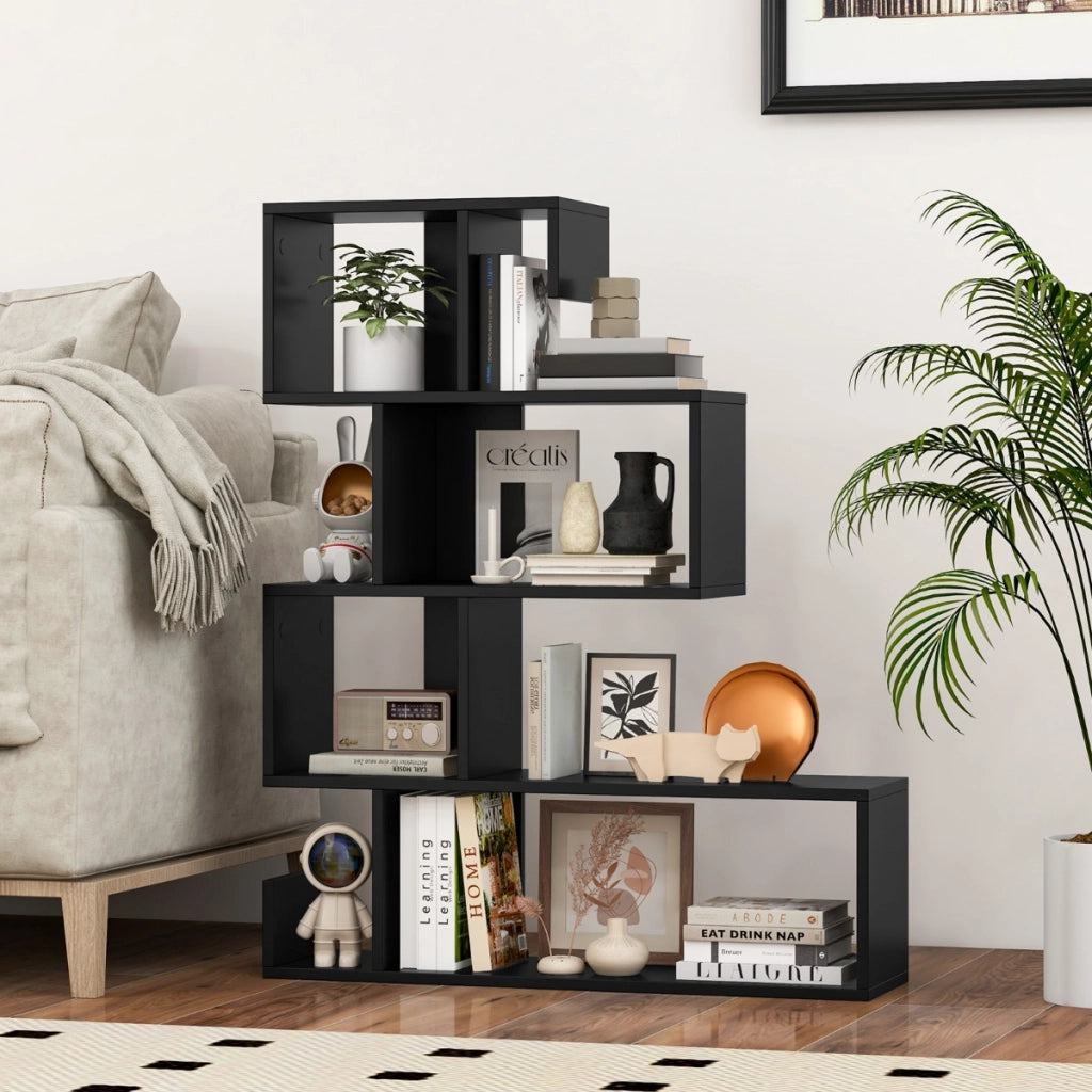 Scaffale a 5 livelli con cubi aperti-Libreria geometrica a mensole con kit antiribaltamento per soggiorno Nero
