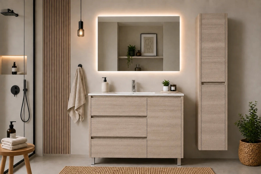 Set mobile bagno VOLUM 80x45 cm Estepa con lavabo, specchio LED, colonna 140 cm e rubinetto