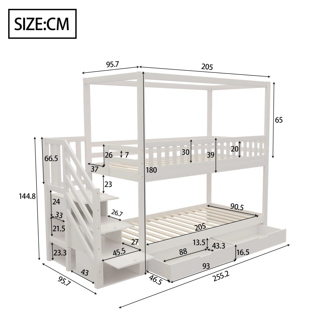 OKWISH Letto a castello 90×200 cm, Letto 2 Posti con Spondine di Sicurezza, Scala con Cassetti e 2 Cassetti, senza Materasso, Bianco