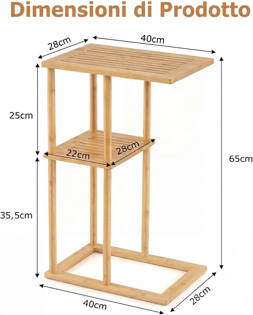 Set di 2 Tavolini a Forma di C, Tavolini Bassi in Bambù con Ripiani Portaoggetti, Tavolo Laterale da Divano per Piccoli Spazi, per Soggiorno, Camera da Letto, 40 X 28 X 65 CM (Modelli 1, 2)